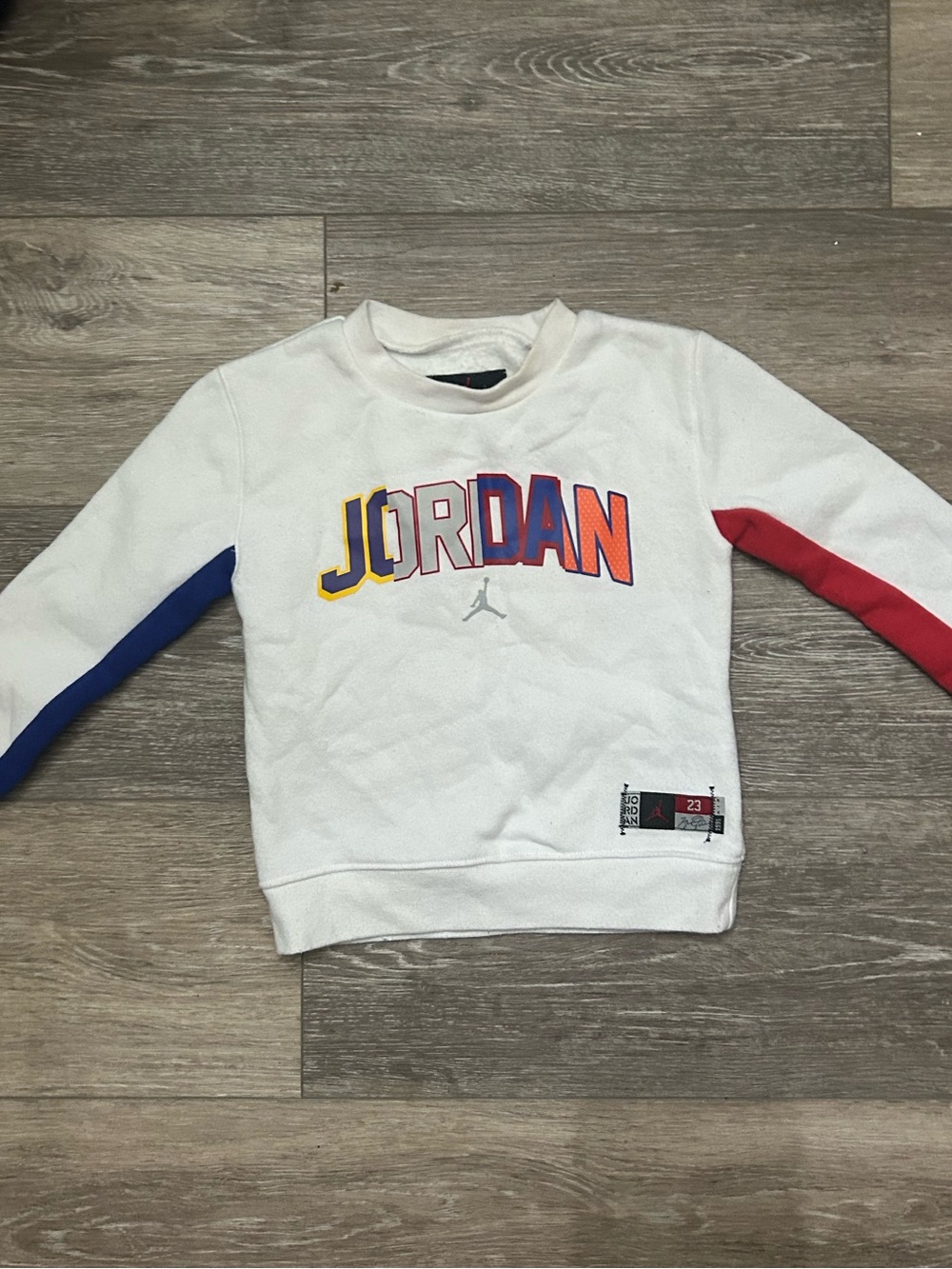 Jordan White Crewneck Sweatshirt with Red & Blue Sleeves